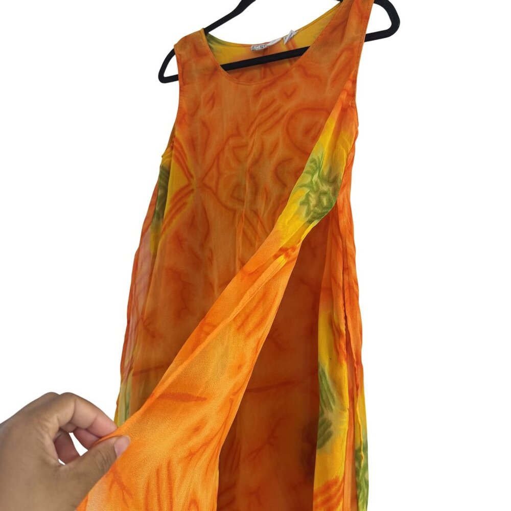 Vintage Kloz Lyne Dress Womens 90s Orange Floral Sheath Overlay Sleeveless Large - Picture 3 of 8